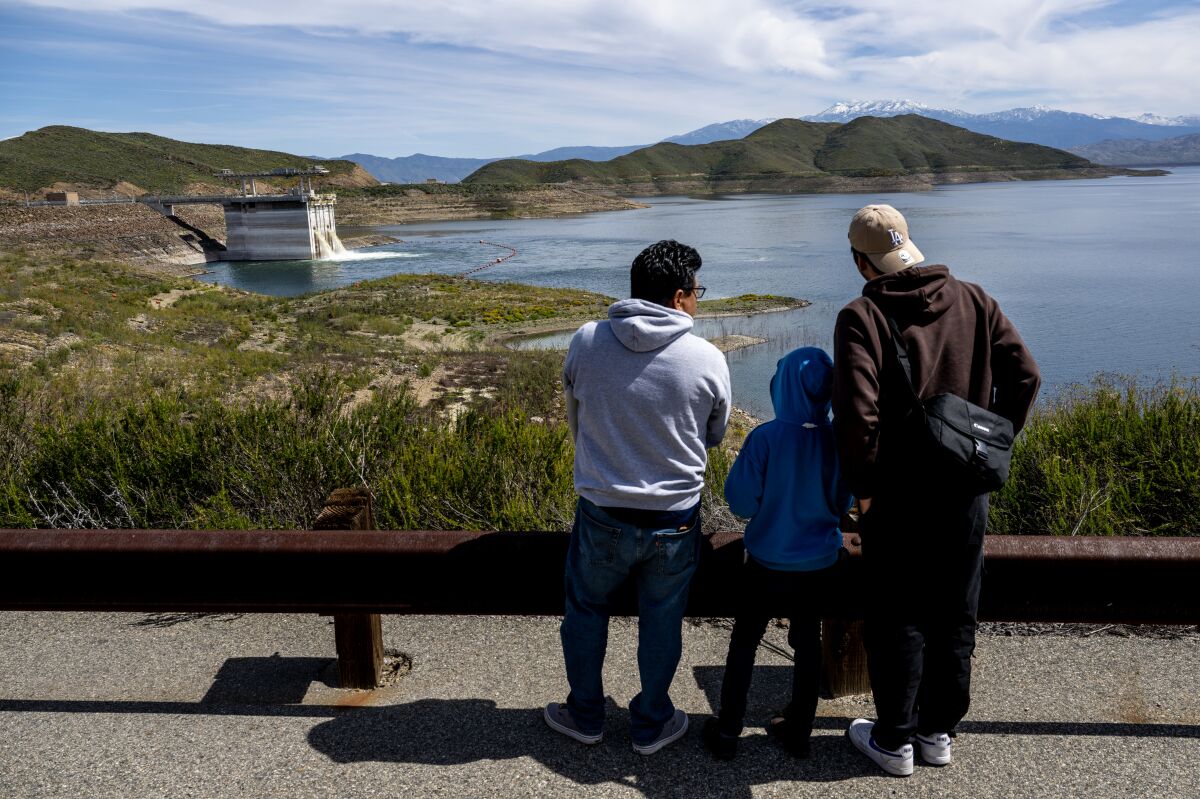 Water cascades into Damond Valley Lake from the DVL's inlet/outlet tower in Winchester, California.