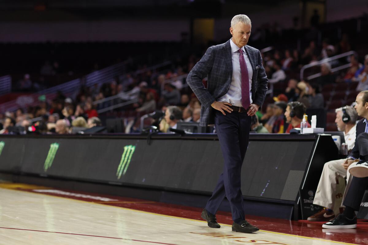 USC coach Andy Enfield paces the sideline during a game against Eastern Washington at Galen Center in November.