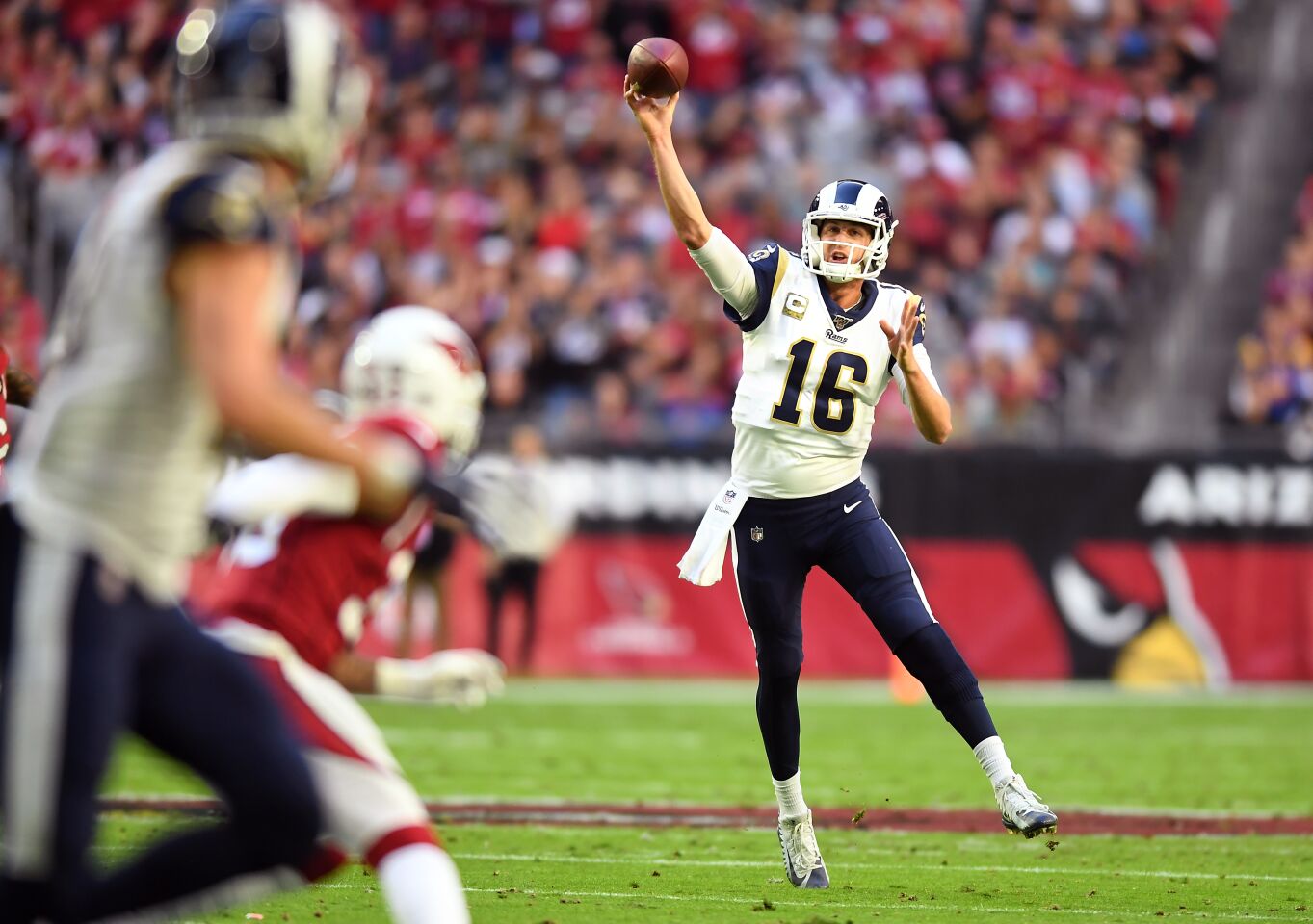 Rams quarterback Jared Goff completes a pass to receiver Cooper Kupp.