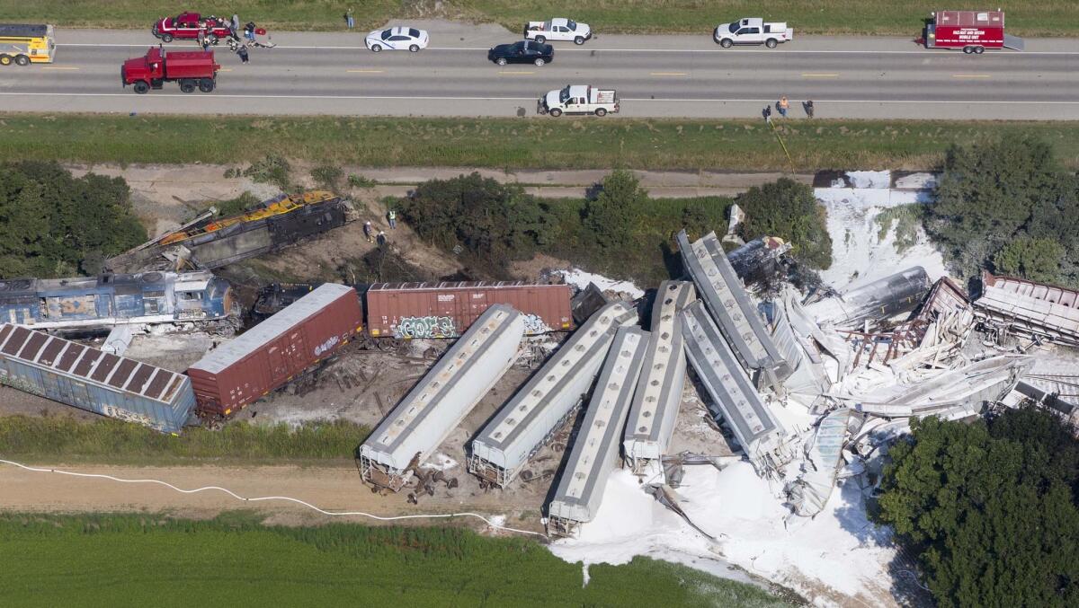 Two Union Pacific train crew members were killed and two others were injured when two trains collided head-on in Hoxie, Ark. on Aug. 17, 2014.