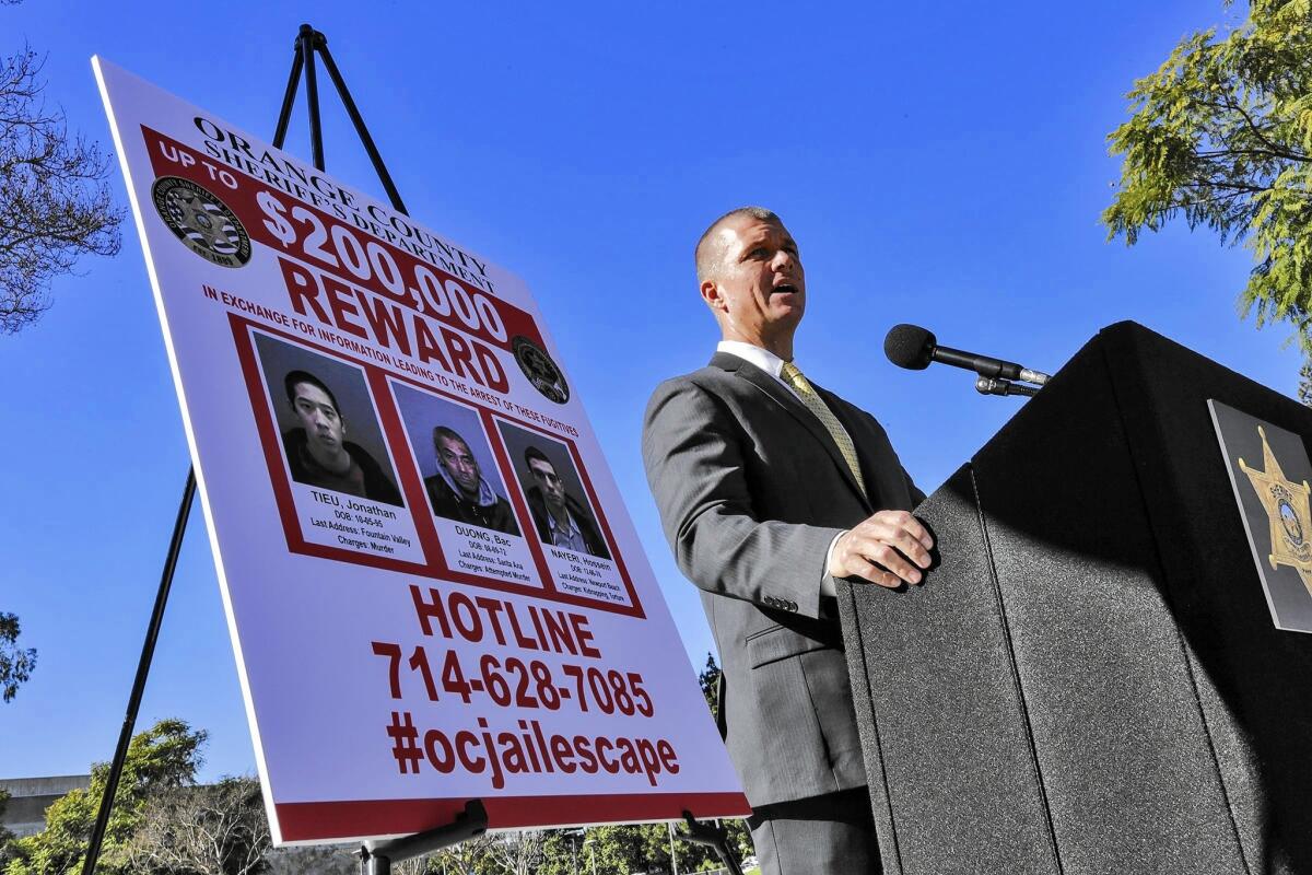 Orange County Sheriff's Lt. Jeff Hallock said Nooshafarin Ravaghi "provided critical planning tools" for the inmates' escape. Above, Hallock at a news conference Tuesday.