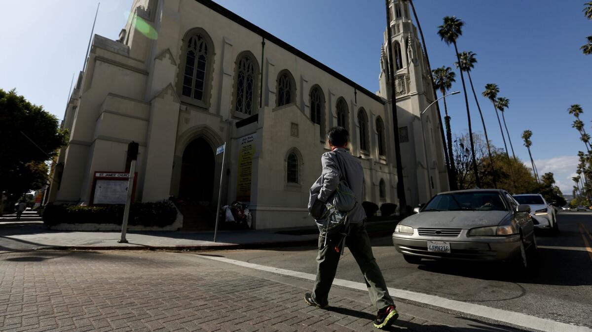 Seon Jin Kim walks to choir practice at St. James Episcopal Church in Los Angeles.