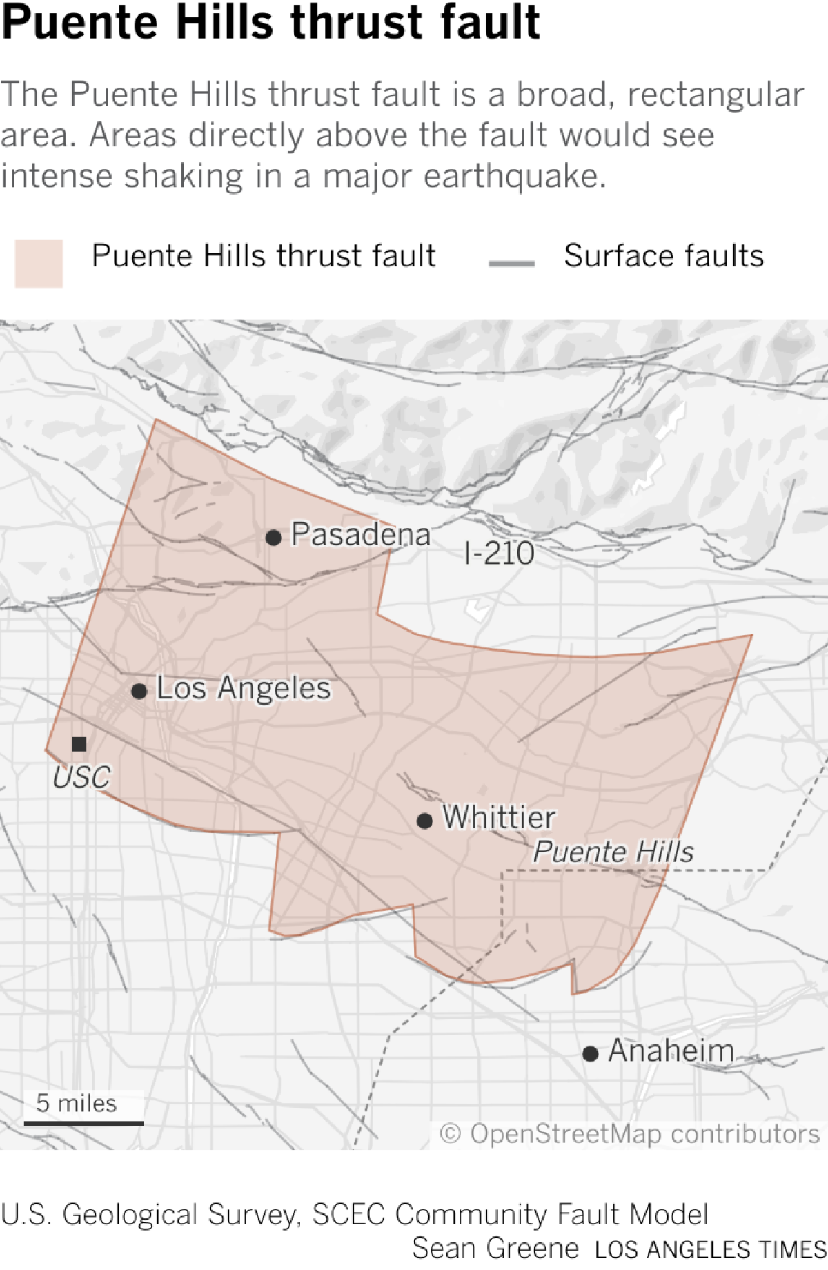 Map shows the approximate location of the Puente Hills thrust fault, which stretches from the Glendale and Pasadena in the west to Puente Hills to the east.