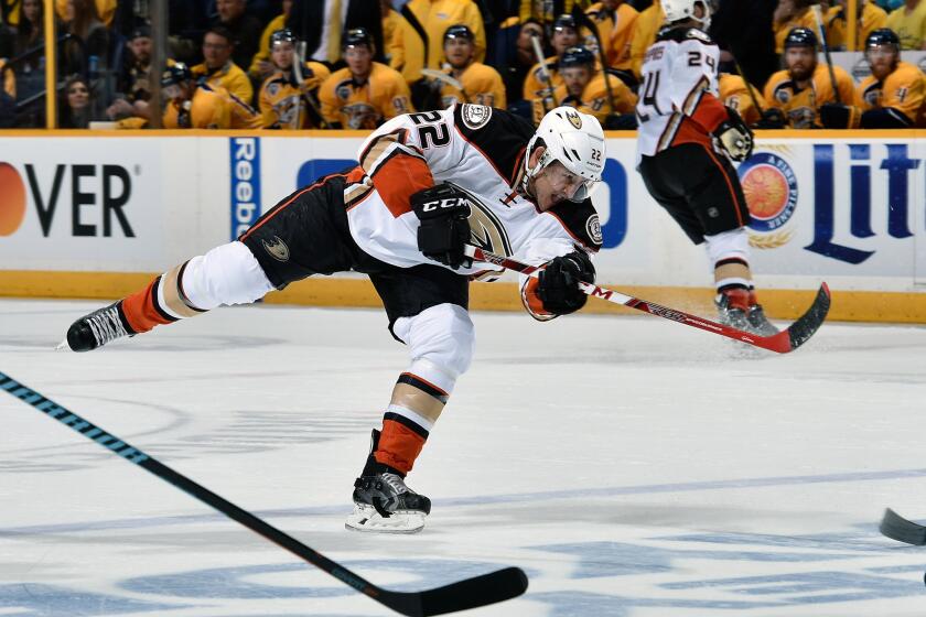 Ducks center Shawn Horcoff (22) fires a shot against the Nashville Predators during the second period of Game 3.