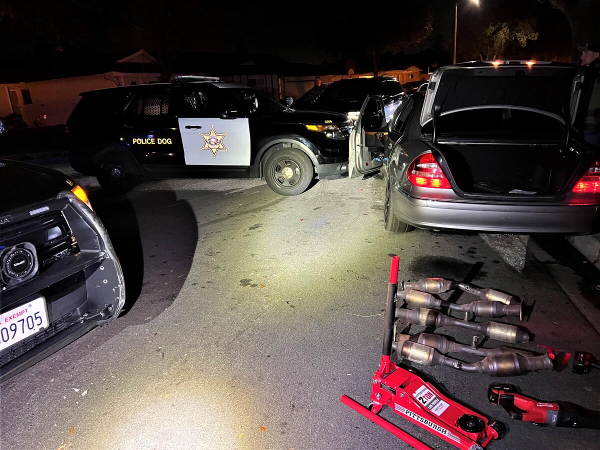 Five catalytic converters recovered following a Jan. 4 traffic stop in Santa Ana.