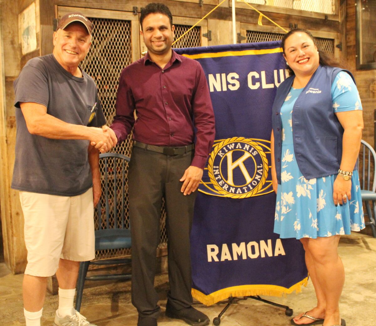 Kiwanis Club of Ramona President Patrick Bell, left, thanks Best Care Pharmacist Ankit Vaghasiya with Kiwanian Tiffany Lynch.