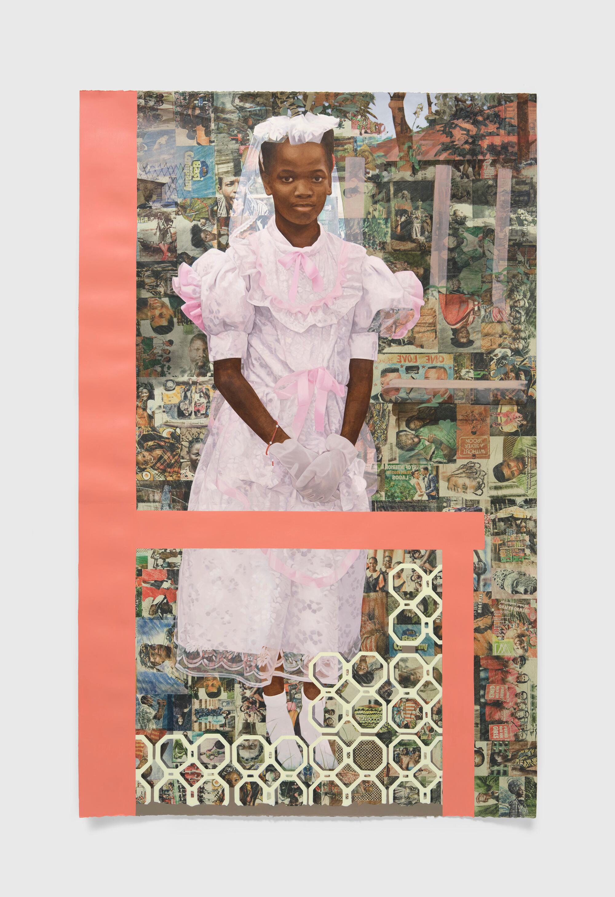 Njideka Akunyili Crosby, "The Beautyful Ones" Series #11, 2023. Acrylic, colored pencil, and transfers on paper.