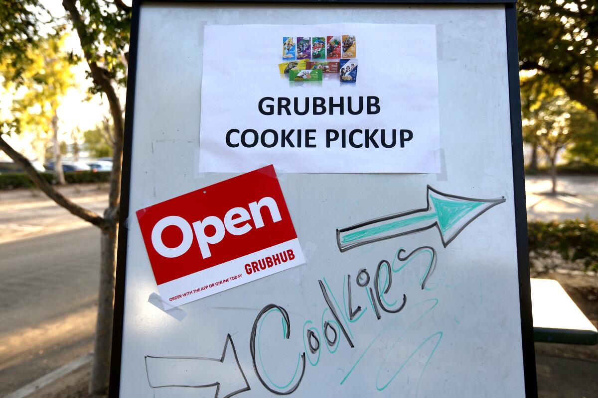 Girl Scouts are selling cookies with Grubhub delivery at the Girl Scouts of Orange County headquarters in Irvine.