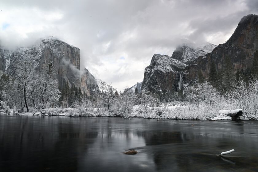 YOSEMITE, CA - FEBRUARY 22: A scenic view from the Valley View point as snow blanked Yosemite National Park in California, United States on February 22, 2023. Winter storm warning issued in Yosemite Valley until Saturday. (Photo by Tayfun Coskun/Anadolu Agency via Getty Images)