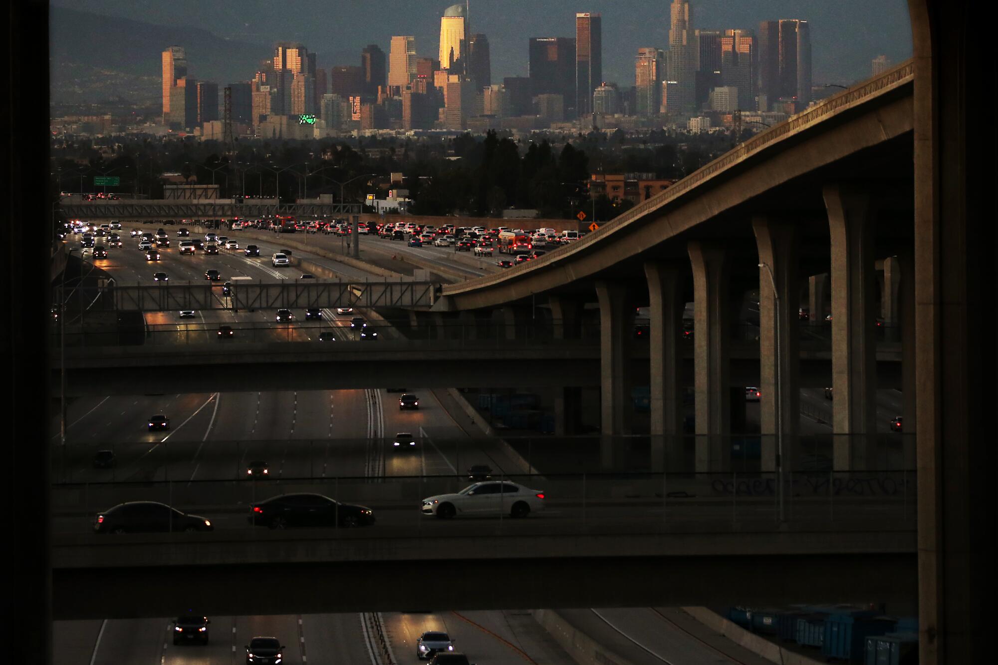 A wide view of the downtown L.A. skyline.