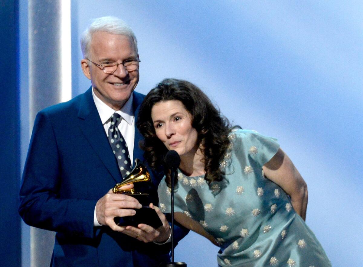 Steve Martin, with Edie Brickell after they won a Grammy Award for American roots song, has filmed a humorous PBS pledge drive clip that premieres March 4.