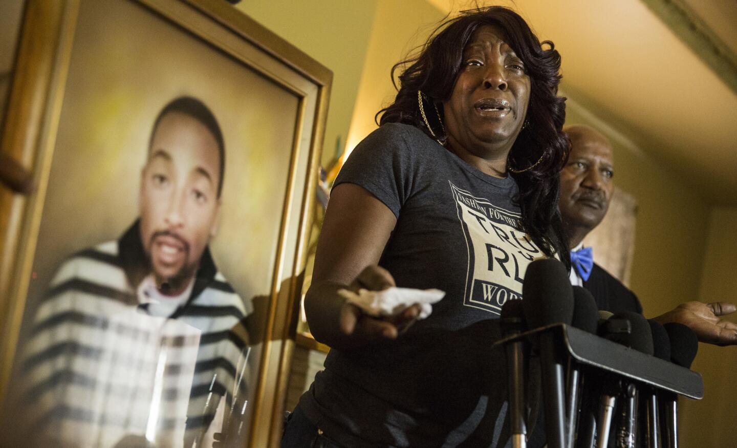 Jan. 24, 2017: Tritobia Ford, the mother of Ezell Ford, speaks at the First AME Church's Allen House in Los Angeles, after L.A. County prosecutors said they will not bring criminal charges against the officers who shot and killed her son.