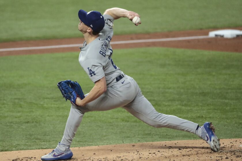 Dodgers starting pitcher Walker Buehler delivers during the second inning in Game 3 of the World Series on Oct. 23, 2020.