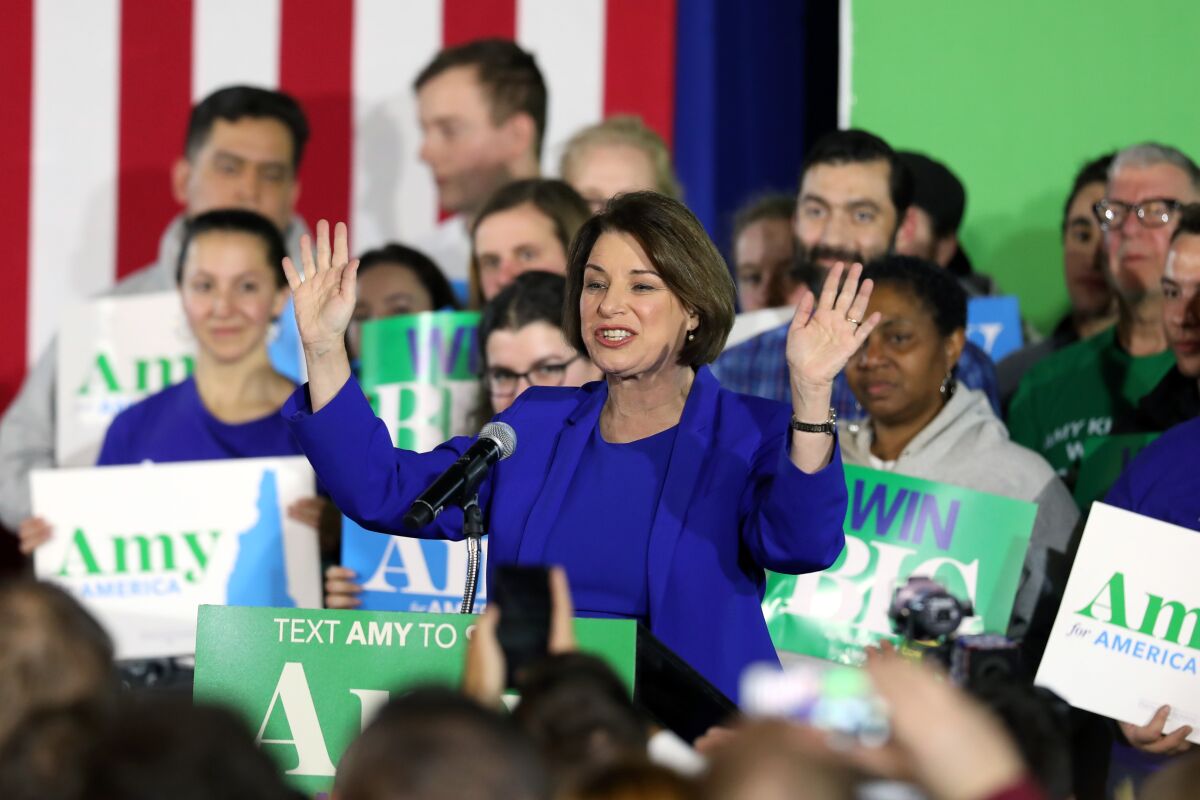 Sen. Amy Klobuchar speaks during a primary night event in Concord, N.H.