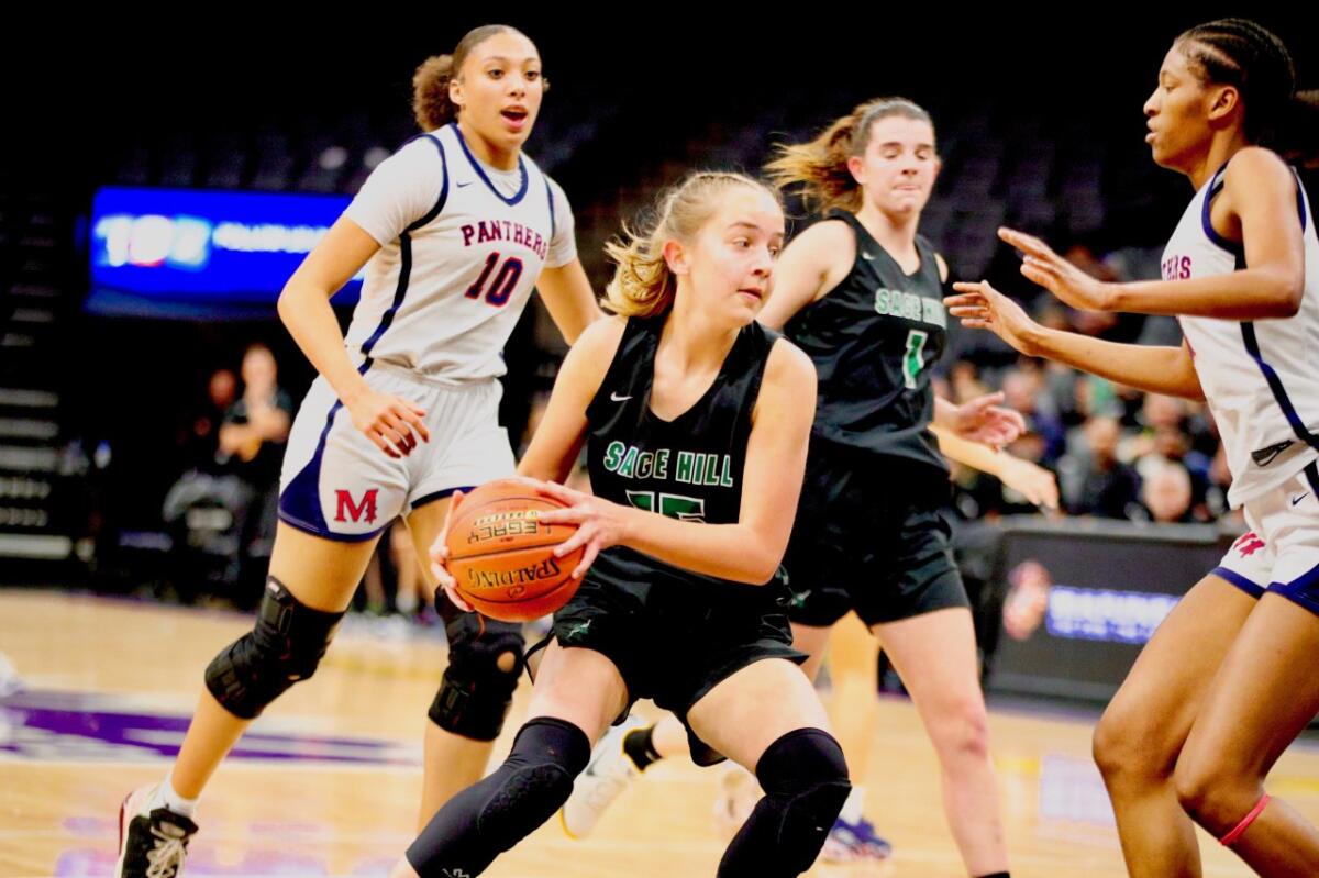 Sage Hill sophomore guard Annabelle Spotts looks for an open teammate.