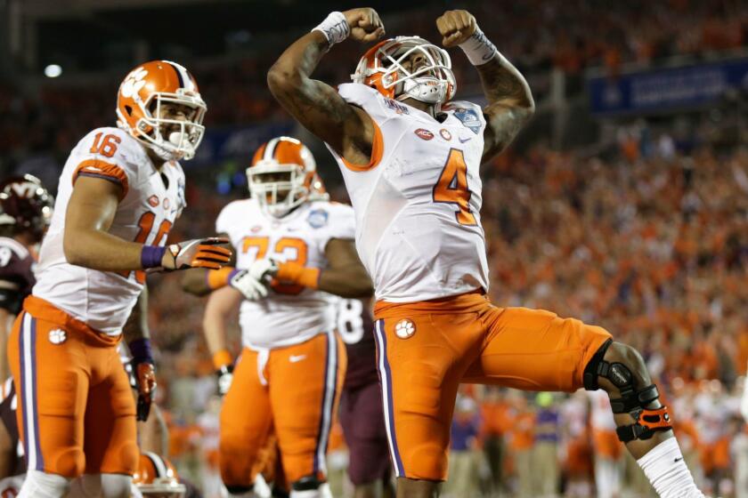 Clemson quarterback Deshaun Watson, shown celebrating a Dec. 3 touchdown against Virginia Tech, leads an explosive offense that ranks seventh in the nation with 332.6 passing yards a game.