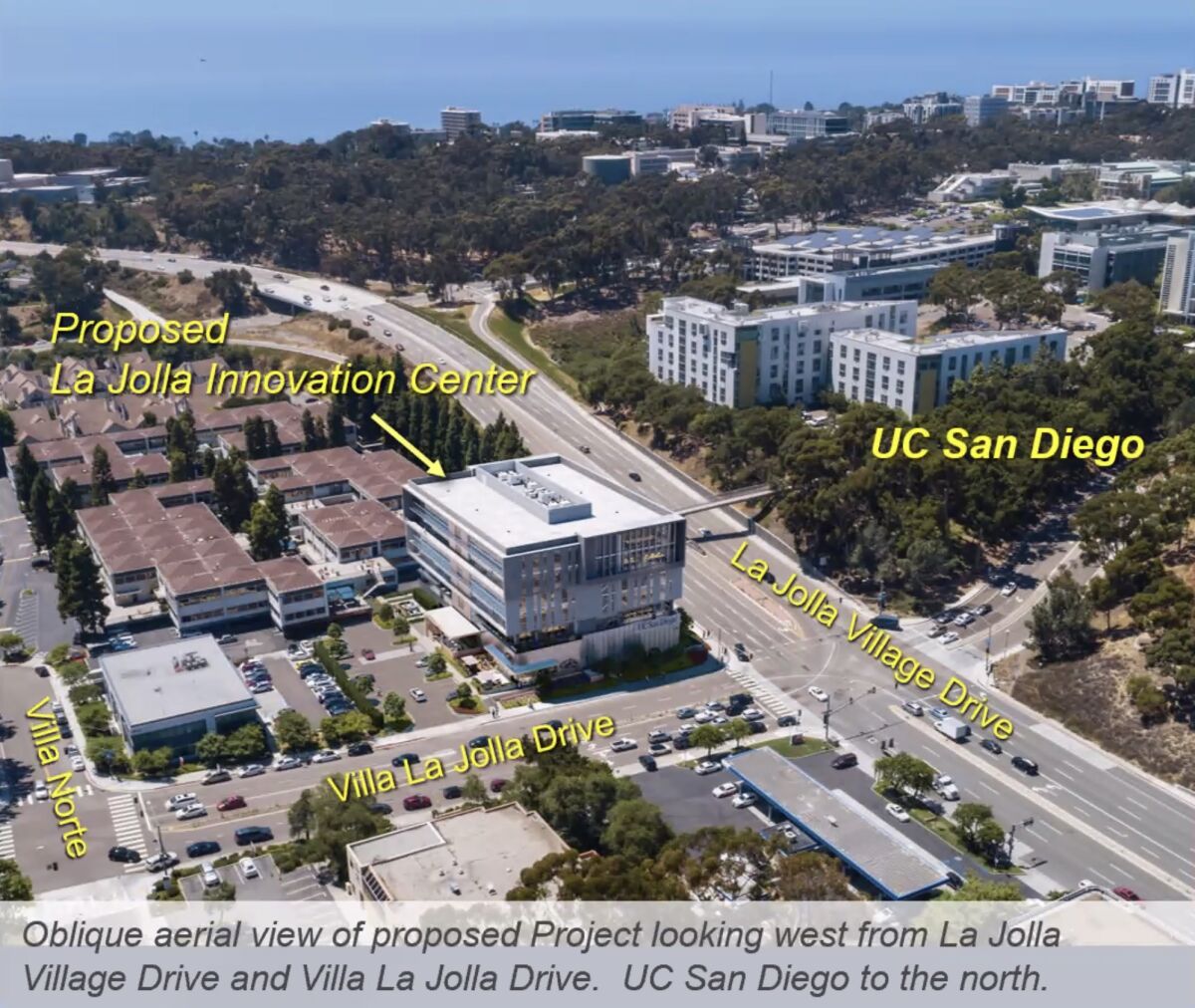 A rendering depicts the planned La Jolla Innovation Center at La Jolla Village Drive and Villa La Jolla Drive.