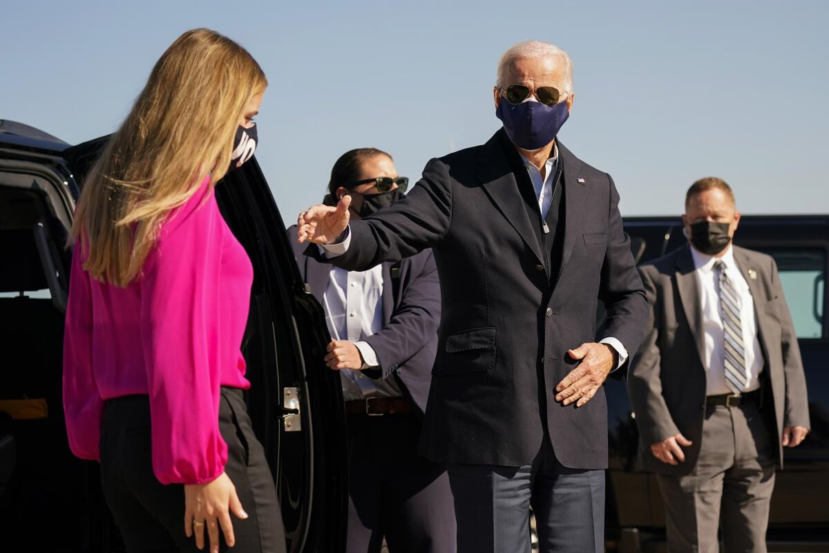 El candidato demócrata Joe Biden en New Castle, Delaware el 18 de octubre del 2020. 
