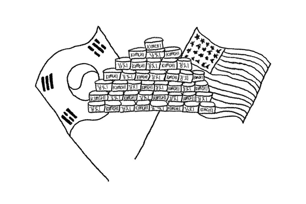 Illustration of cans of kimchi and flags of South Korean and United States of America