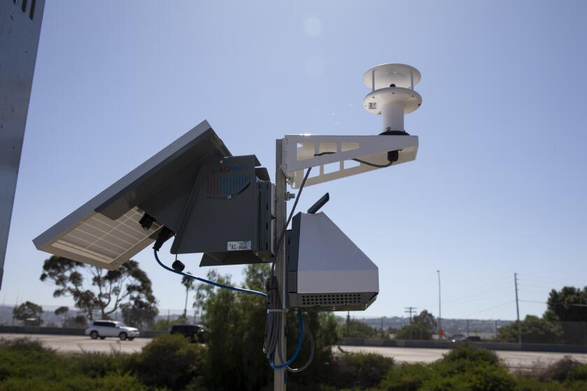 San Ysidro, California - October 05: One of six odor monitors installed by the The San Diego Air Pollution Control District on Thursday, Oct. 5, 2023 in San Ysidro, California. (Ana Ramirez / The San Diego Union-Tribune)