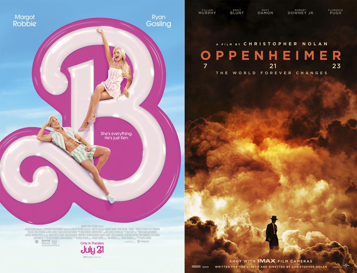 Separate photos of posters for the movies 'Barbie' and 'Oppenheimer'