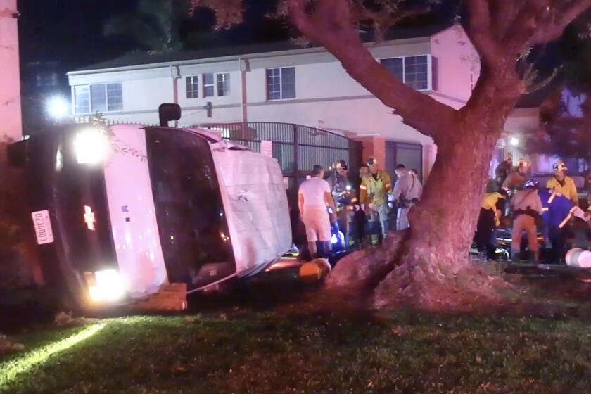 LOCATION: Telegraph Rd and Biella Way AREA/CITY: Whittier DETAILS: 3 critical patients, and 7 additional patients were being transported after an MCI crash in Whittier A white passenger van and a gray sedan were involved in a traffic collision where both vehicles were overturned. A 3rd unknown vehicle possibly fled the scene with heavy rear end damage The driver, and believed only occupant of the grey sedan initially refused to go to the hospital, but was transported due to his injuries The white passenger van ended up on its side with a believed 9 passengers inside