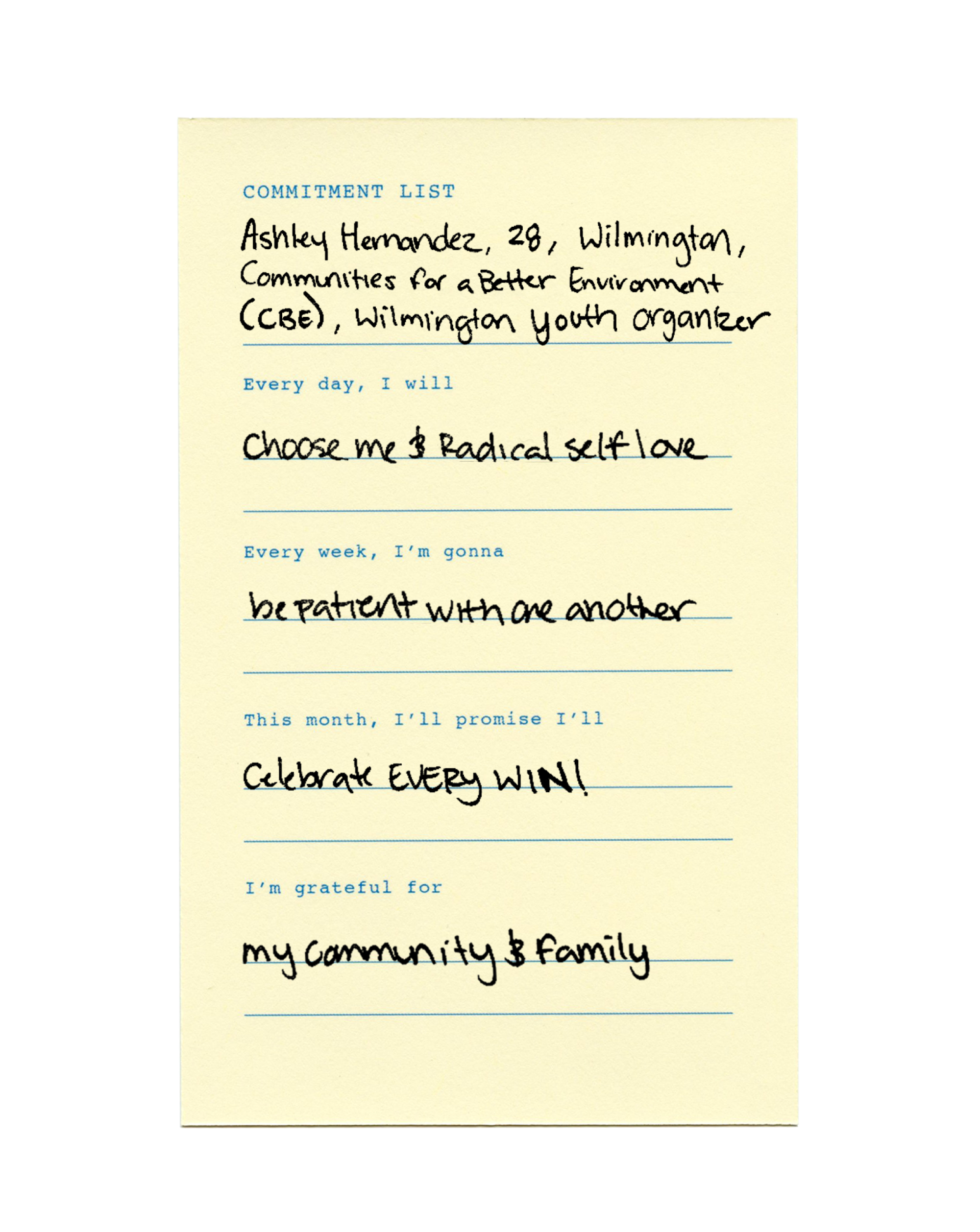 Ashley Hernandez's commitment list in her own handwriting promises she will celebrate every win.