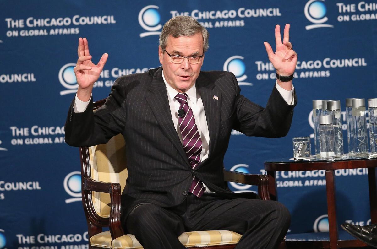 Jeb Bush, still not officially a presidential candidate, describes his foreign policy views before the Chicago Council on Global Affairs.