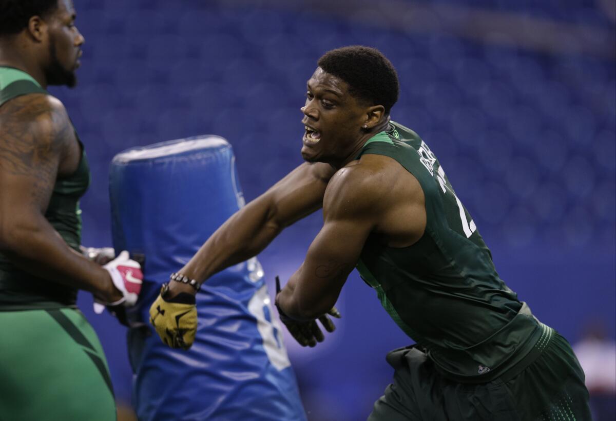 Nebraska defensive end Randy Gregory runs a drill during the NFL scouting combine in February where he tested positive for marijuana.