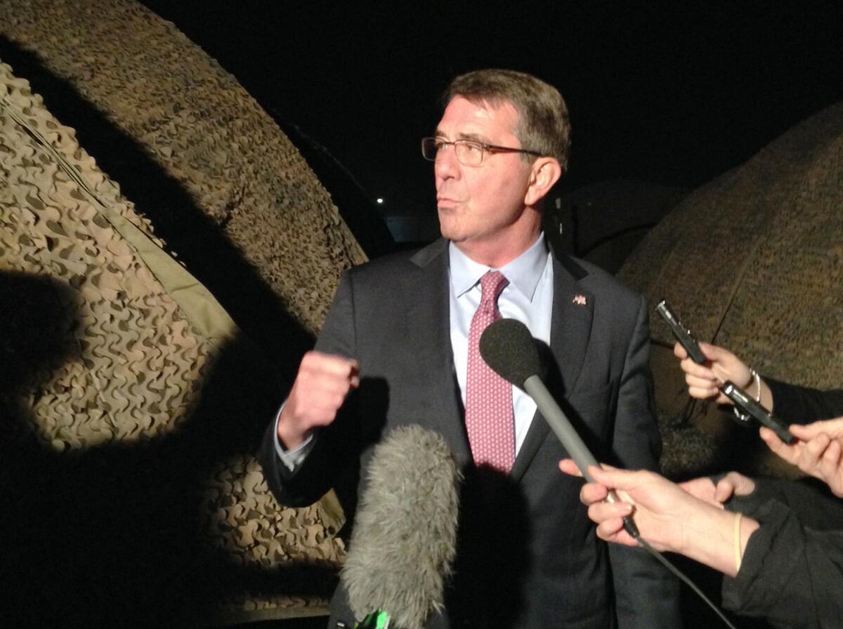 Defense Secretary Ashton Carter speaks to reporters in Irbil, Iraq, on Dec. 17, 2015, during a multistop tour of the region. On Saturday, Carter said an American airstrike that killed Iraqi soldiers seemed to be a mistake by both sides.