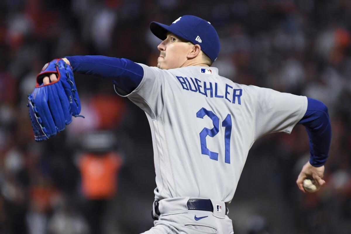 San Francisco, CA - October 08: Los Angeles Dodgers starting pitcher Walker Buehler delivers a pitch.