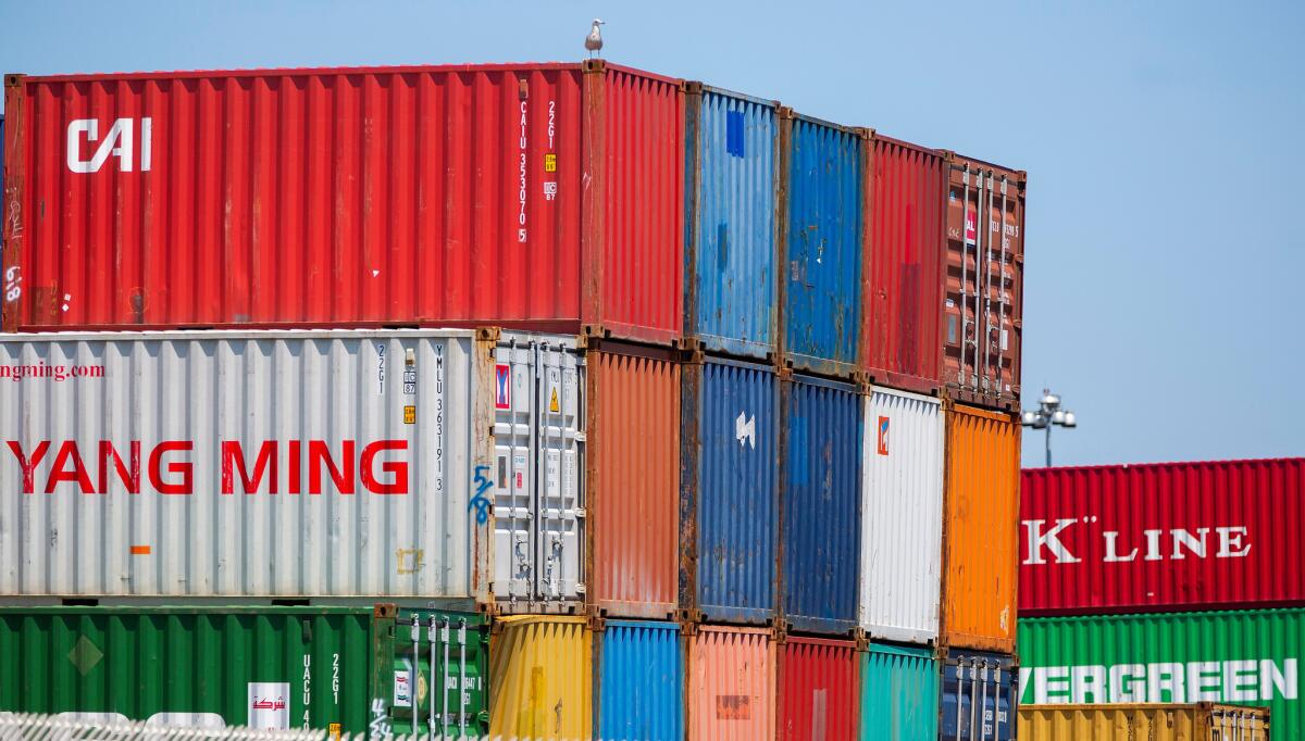 Shipping containers sit on the docks at the Conley Shipping Terminal in Boston, Massachusetts, on July 10.