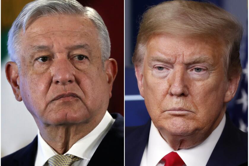 This combination of file photos shows Mexican President Andres Manuel Lopez Obrador, left, on Nov. 29, 2019, in Mexico City and President Donald Trump on April 17, 2020, in Washington. The COVID-19 pandemic could have been a fraught moment for U.S.-Mexico relations — two leaders from opposite ends of the political spectrum facing the largest crisis ever confronted by either administration. Instead, Trump and López Obrador are carrying on like old pals. (AP File Photo)