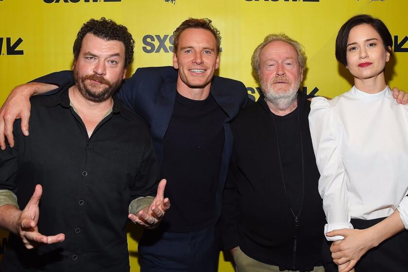 Danny McBride, from left, Michael Fassbender, Ridley Scott, and Katherine Waterston at the "Alien" premiere at the South by Southwest festival on March 10, 2017, in Austin, Texas.