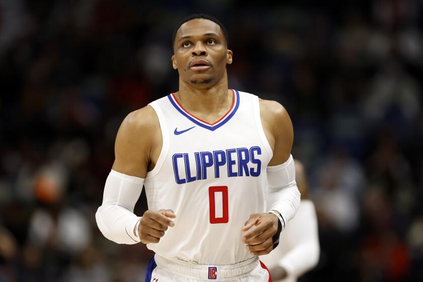 Los Angeles Clippers guard Russell Westbrook (0) in the first half of an NBA basketball game.