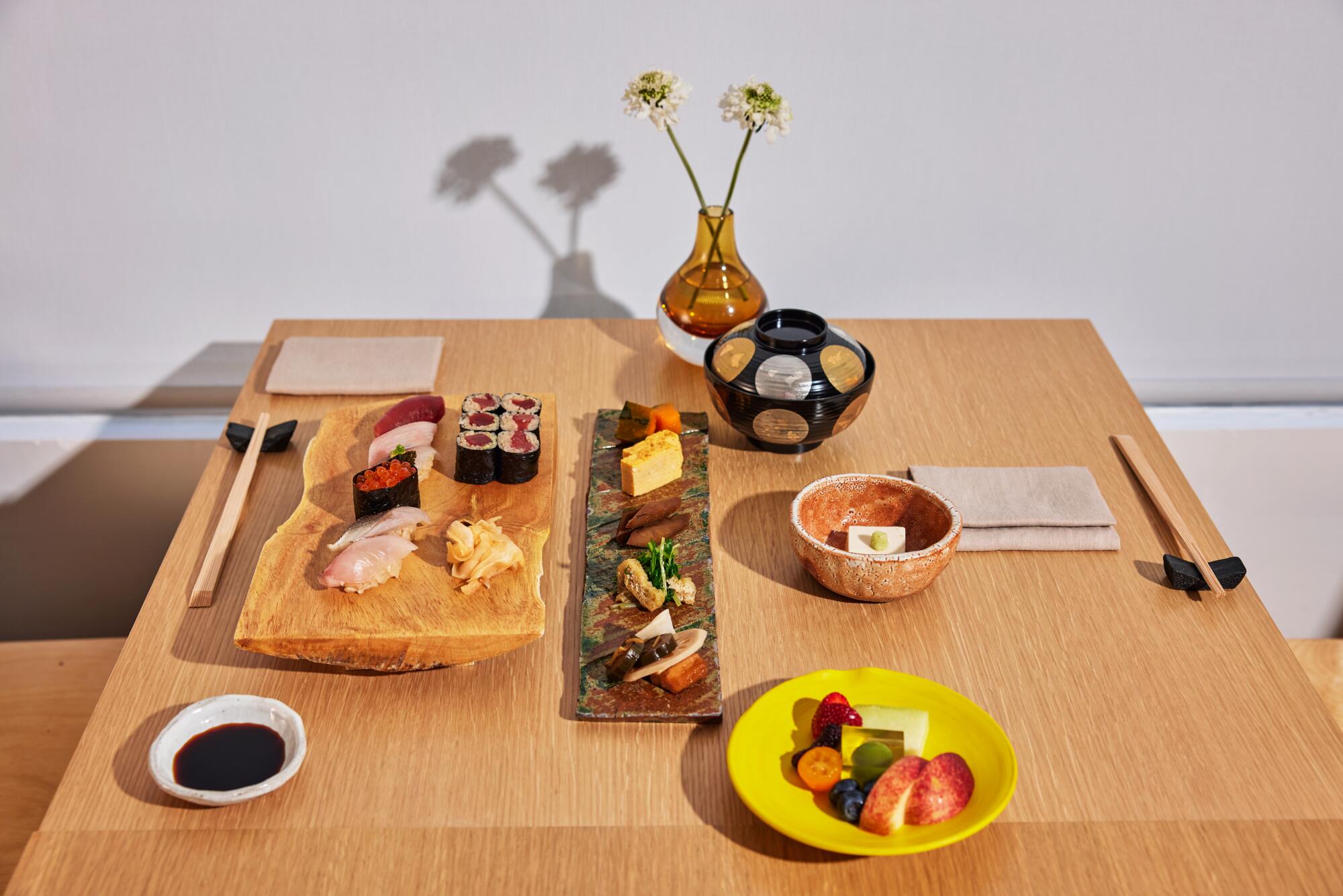 Tablescape of omakase from Morihiro resturant in Atwater Village, California.