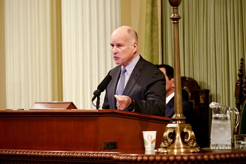 Gov. Jerry Brown delivers his 2017 State of the State speech Tuesday, addressing questions about the Trump presidency's impact on California at the State Capitol building in Sacramento.