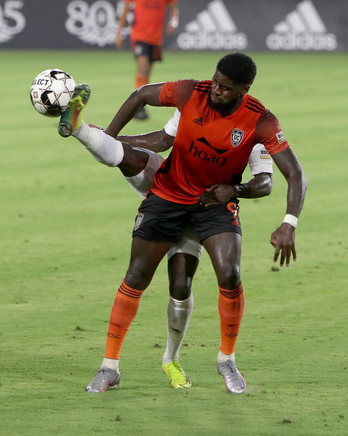 Orange County Soccer Club forward Sean Okoli competes against L.A. Galaxy II.