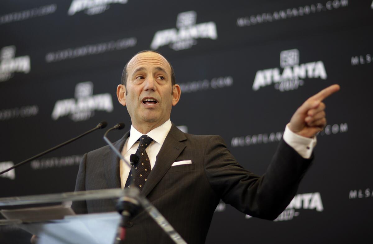 Major League Soccer Commissioner Don Garber speaks at a news conference in 2014 announcing Atlanta would be award an expansion franchise.