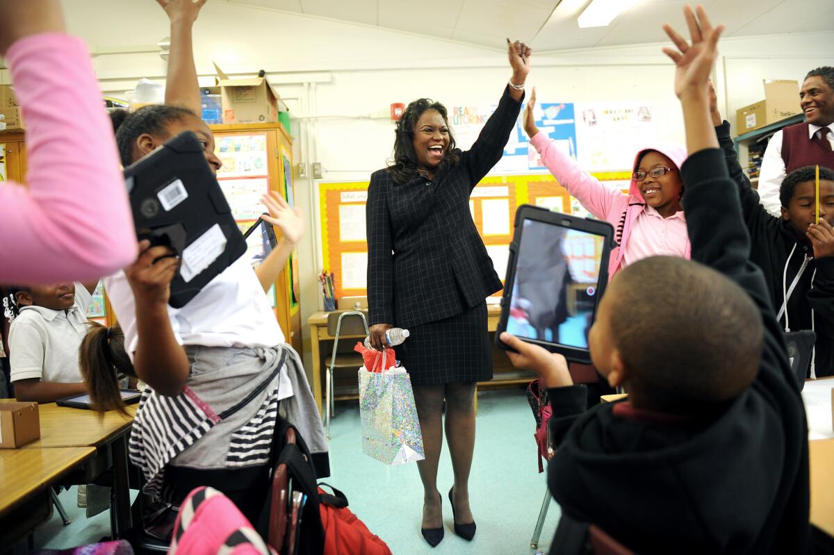 L.A. Unified Supt. Michelle King visited Windsor Hills Elementary School in Los Angeles soon after she became superintendent.