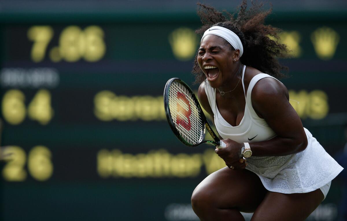 Serena Williams reacts during her victory over Heather Watson of Britain during the third round of Wimbledon, 6-2, 4-6, 7-5.