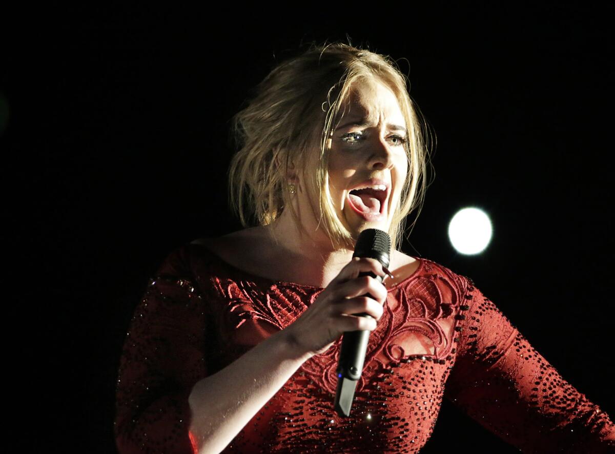 Adele at the 58th Grammy Awards at Staples Center in Los Angeles.