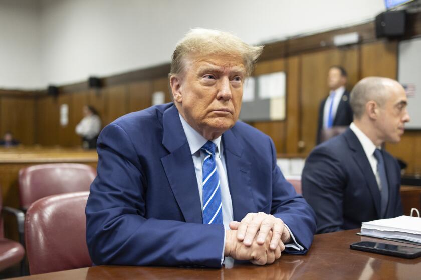 FILE - Former President Donald Trump awaits the start of proceedings on the second day of jury selection at Manhattan criminal court, April 16, 2024, in New York. (Justin Lane/Pool Photo via AP)