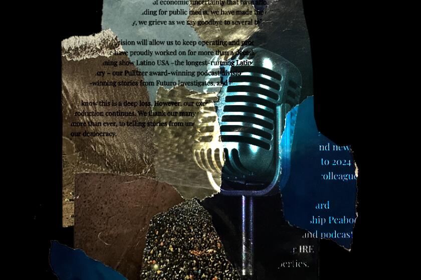 Collage with microphone and words from a layoff notice 