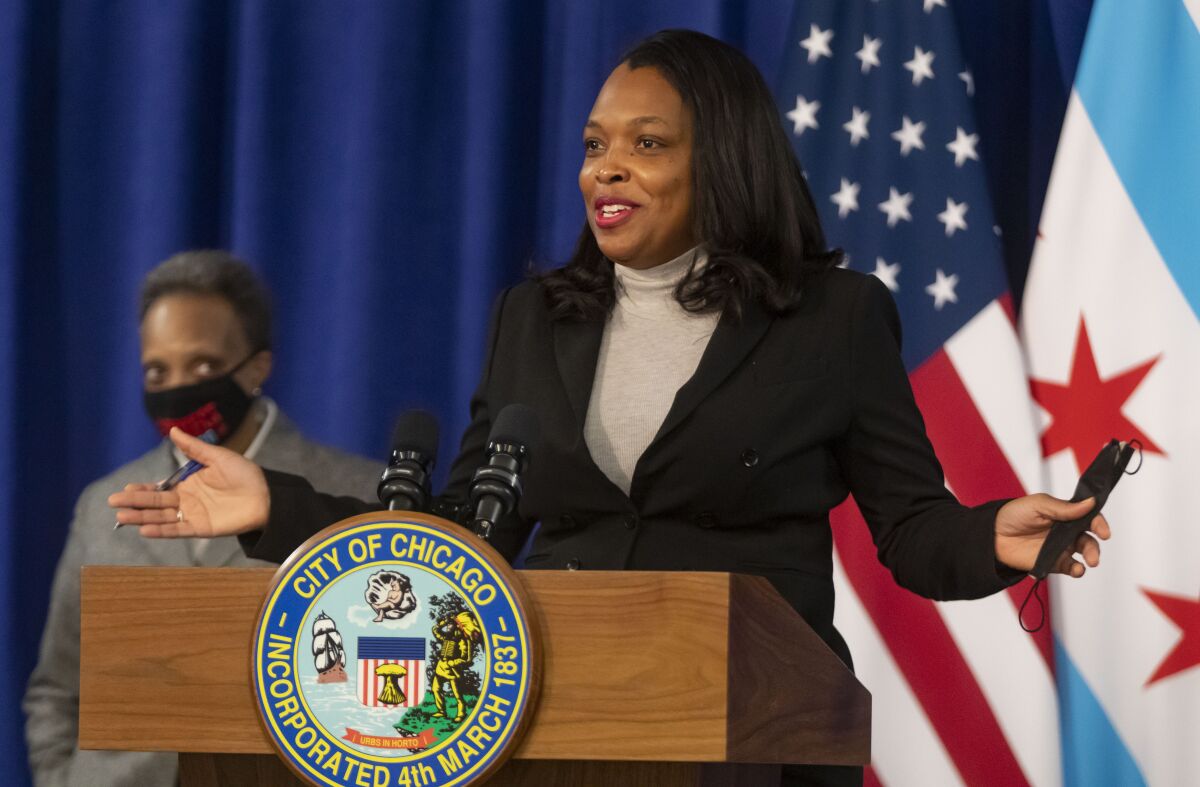 Chicago Public Schools CEO Janice Jackson addresses a news conference at Chicago City Hall.