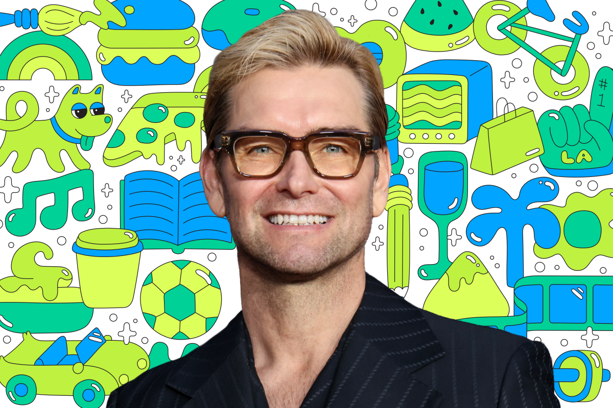 Photo of a man on a background of colorful illustrations like a book, dog, pizza, TV, shopping bag, and more