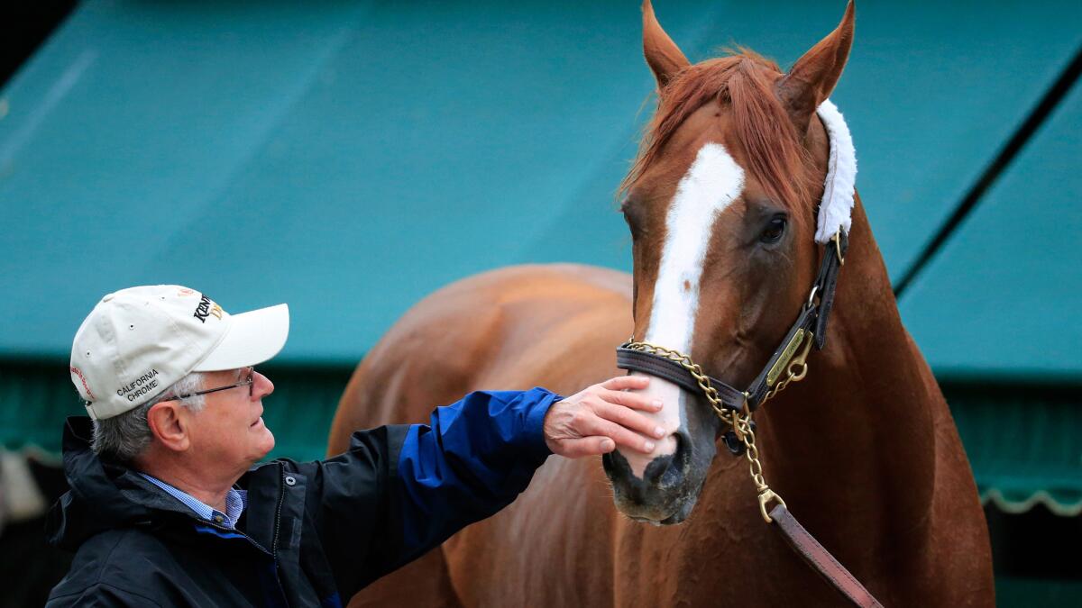 Trainer Art Sherman greets California Chrome after a morning workout at Pimlico Race Course before the 2014 Preakness Stakes.