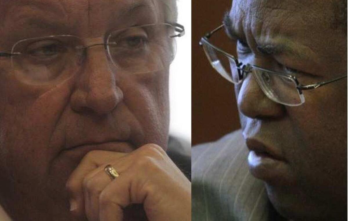 Los Angeles County Supervisors Don Knabe and Mark Ridley-Thomas at a meeting of the Los Angeles Memorial Coliseum Commission in November 2011.