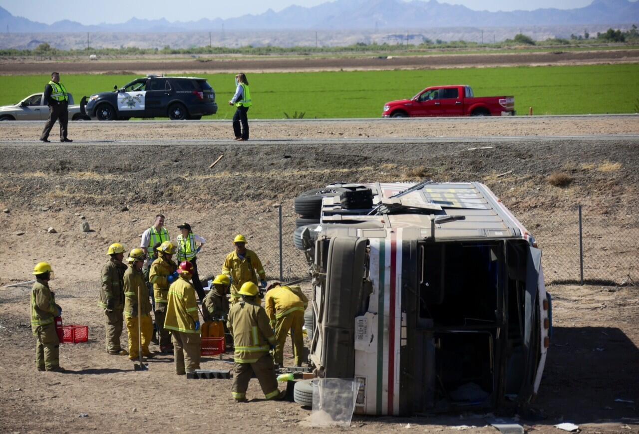 An investigation is underway after four people were killed and dozens others were hospitalized after a charter bus headed west on Interstate 10 in Blythe crashed and overturned early Wednesday.
