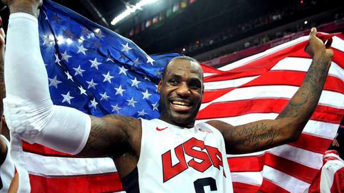 LeBron James celebrates after Team USA defeated Spain to win the gold medal in the men's basketball final at the 2012 London Olympics.